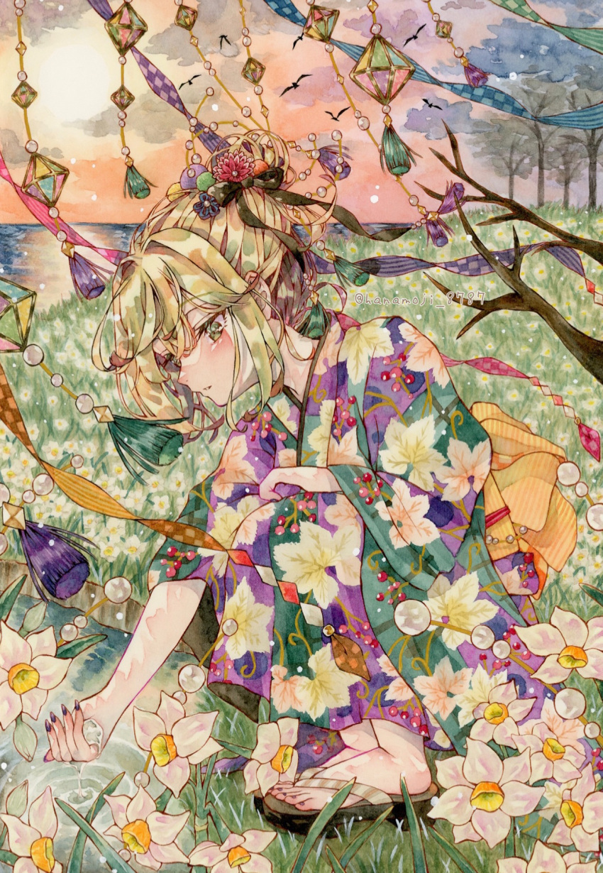 1girl bangs bird black_footwear black_ribbon blue_flower blue_ribbon blush brown_eyes checkered_ribbon cherry_print clouds cloudy_sky cupping_hand dusk fingernails floral_print flower food_print grass hair_bobbles hair_flower hair_ornament hair_ribbon hairstyle_request hanamoji_8787 hanging_lantern highres holding_water horizon japanese_clothes kimono landscape lantern light_brown_hair lily_(flower) long_fingernails looking_at_object medium_hair multicolored_clothes multicolored_kimono multicolored_sky nature on_ground orange_ribbon orange_sky original outdoors painting_(medium) parted_lips pink_flower pink_ribbon pond print_kimono purple_kimono purple_nails purple_ribbon rhombus ribbon shiny shiny_hair sky solo squatting traditional_media tree water watercolor_(medium) white_flower wide_sleeves yellow_ribbon