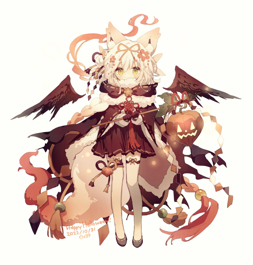 1girl animal_ear_fluff black_cape black_dress black_gloves black_wings braid braided_ponytail cape chinese_knot dress full_body gloves gradient_hair hair_ribbon halloween hibi89 highres hisuian_zorua jack-o'-lantern lantern long_hair multicolored_hair paper_lantern personification pink_ribbon pokemon redhead ribbon ribbon-trimmed_cape shide simple_background solo thigh-highs very_long_hair white_hair white_thighhighs wings yellow_eyes