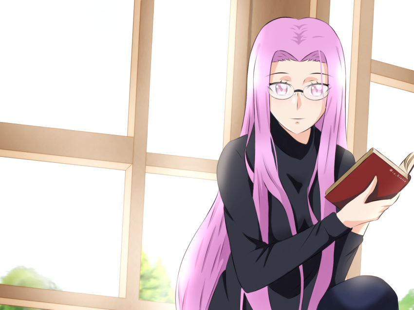 14_riatsu 1girl black_sweater blush fate/grand_order fate/stay_night fate_(series) glasses highres holding long_hair looking_at_viewer medusa_(fate) medusa_(rider)_(fate) reading smile sweater type-moon violet_eyes window