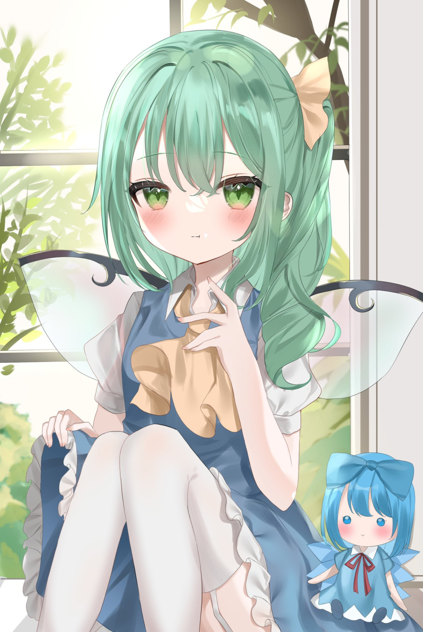 1girl ascot blue_dress blue_hair cirno closed_mouth daiyousei doll dress fairy_wings green_eyes green_hair hair_ribbon highres indoors knees_up long_hair looking_at_viewer okome2028 ribbon short_hair side_ponytail sitting solo thigh-highs touhou white_thighhighs window wings yellow_ascot yellow_ribbon