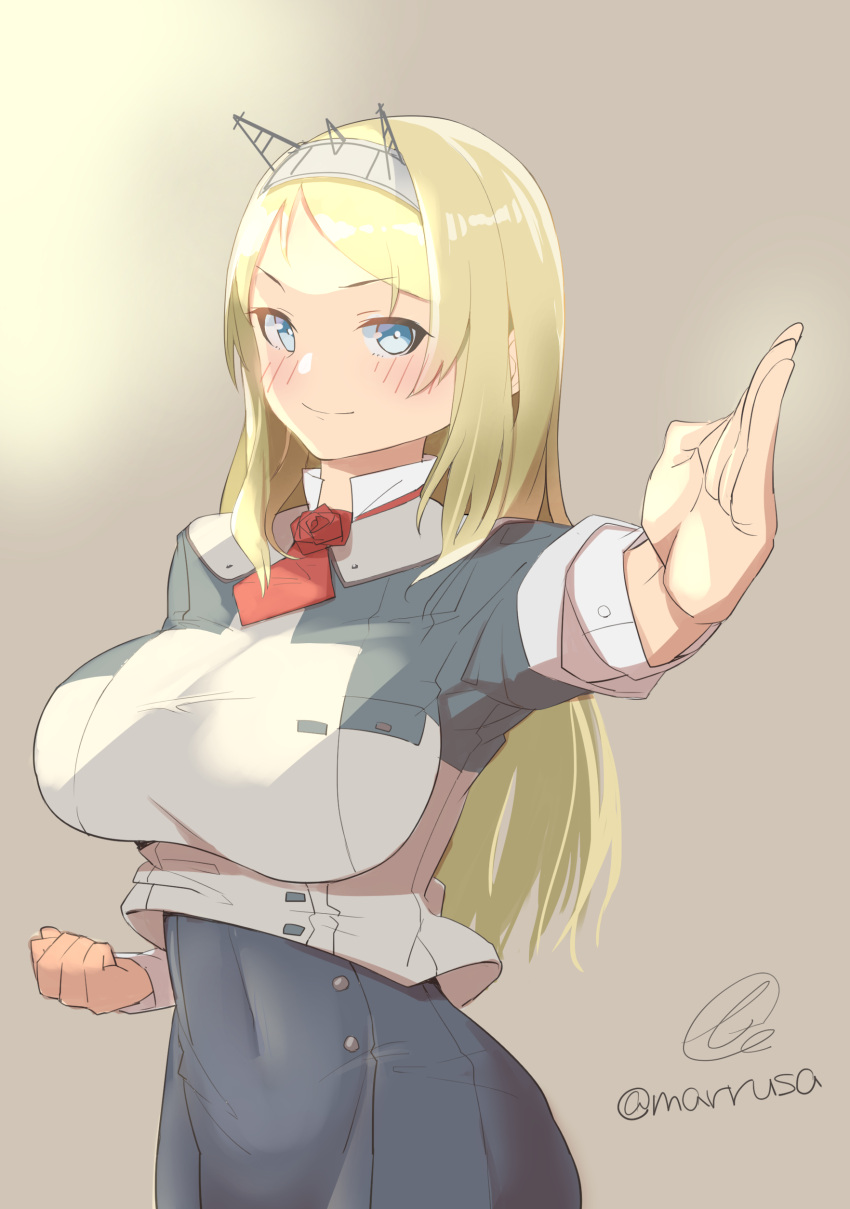 1girl absurdres ascot blonde_hair blue_eyes breasts covered_navel fighting_stance flower grey_background grey_skirt headgear highres kantai_collection large_breasts long_sleeves marusa_(marrusa) military military_uniform neck_flower nelson_(kancolle) one-hour_drawing_challenge pencil_skirt red_ascot red_flower red_rose rose signature skirt solo uniform upper_body