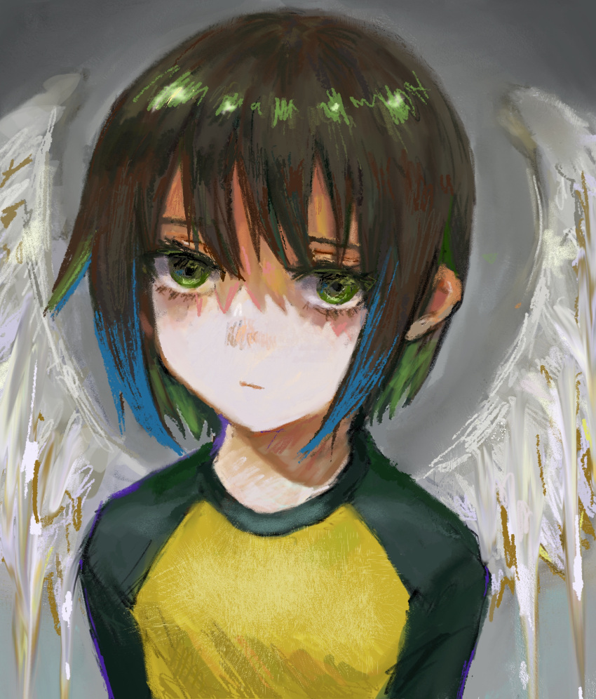 1girl angel angel_wings bangs black_shirt bob_cut breasts brown_hair close-up closed_mouth commentary expressionless eyelashes green_eyes grey_background hair_between_eyes highres kobarukawa long_sleeves looking_at_viewer nakahara_misaki nhk_ni_youkoso! portrait raglan_sleeves shaded_face shirt short_hair sketch small_breasts solo swept_bangs texture two-tone_shirt upper_body white_wings wings yellow_shirt