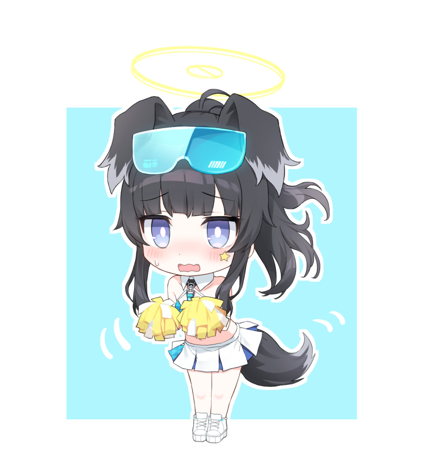 1girl animal_ears bare_shoulders black_hair blue_archive blue_background blush cheerleader chibi crop_top dog_ears dog_girl dog_tail eyewear_on_head full_body goggles goggles_on_head halo hibiki_(blue_archive) hibiki_(cheerleader)_(blue_archive) highres holding holding_pom_poms looking_at_viewer midriff official_alternate_costume open_mouth pom_pom_(cheerleading) ponytail shoes skirt sleeveless solo standing sticker_on_face tail white_skirt yada_(xxxadaman) yellow_halo