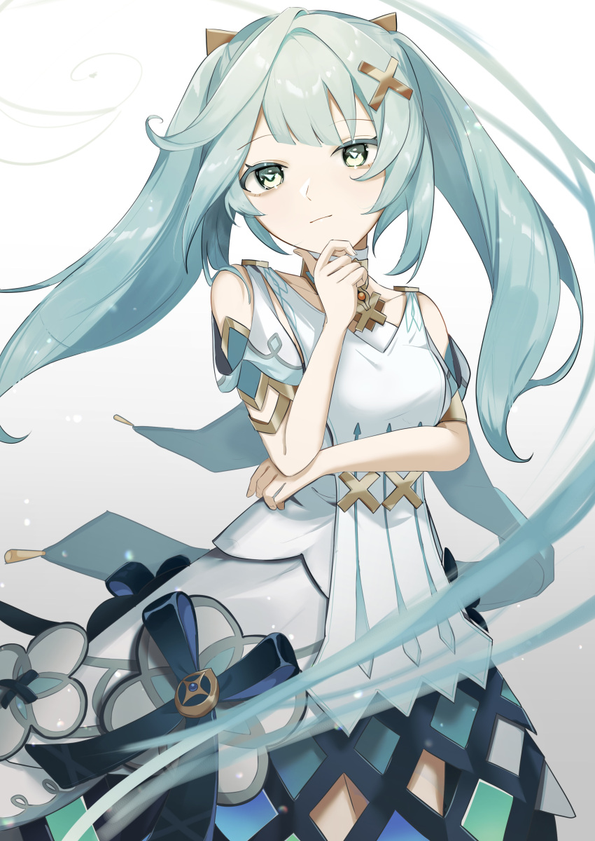 1girl absurdres aqua_eyes aqua_hair closed_mouth commentary dress faruzan_(genshin_impact) genshin_impact hair_ornament highres long_hair looking_at_viewer oyasumi_(oyasumign8) simple_background solo triangle-shaped_pupils twintails upper_body white_background white_dress x_hair_ornament