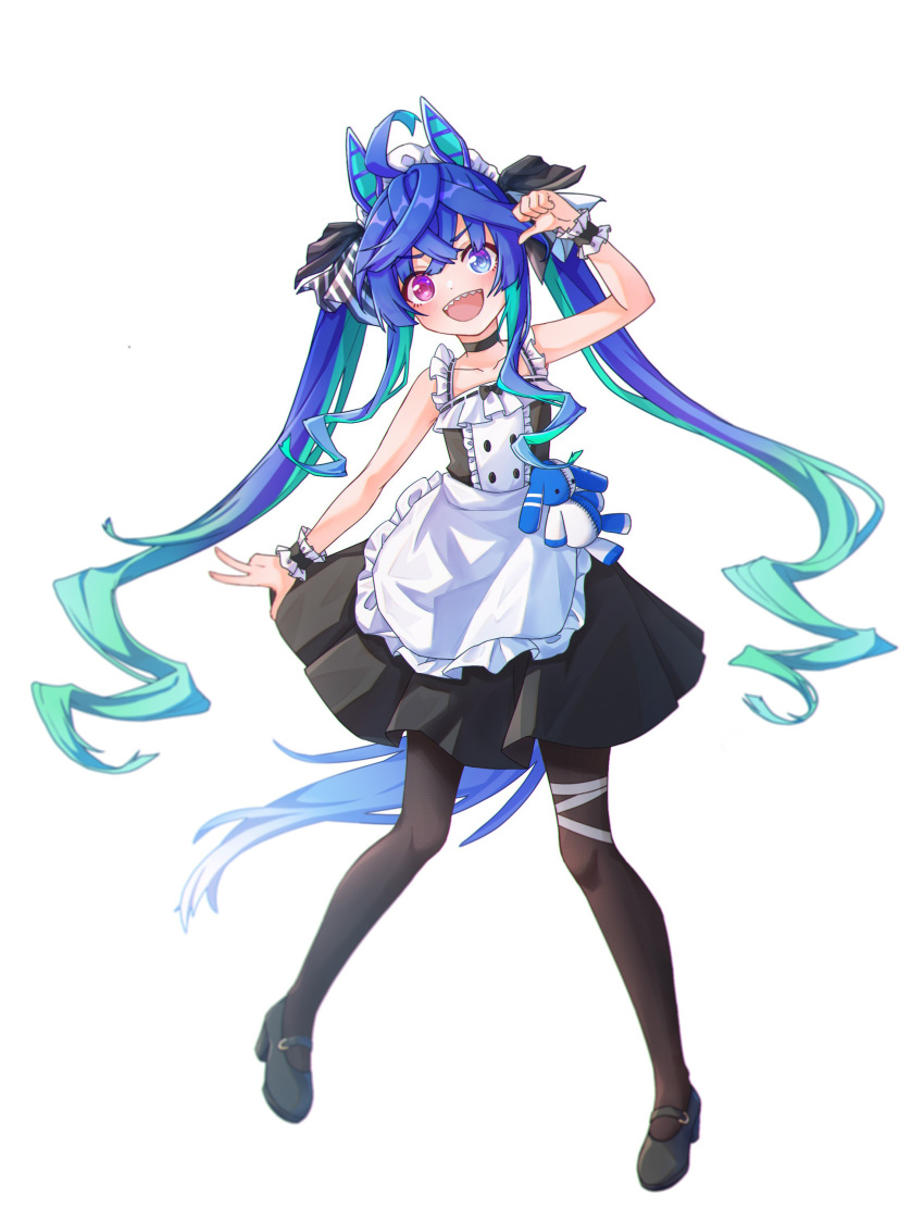 1girl absurdres ahoge alternate_costume animal_ears apron aqua_hair asahi_(82626397) bandaged_leg bandages black_choker black_dress black_footwear black_pantyhose black_ribbon blue_eyes blue_hair choker commentary dress enmaided frilled_cuffs frilled_dress frills full_body hair_ribbon heterochromia highres horse_ears horse_girl horse_tail long_hair looking_at_viewer maid maid_headdress mary_janes medium_dress multicolored_hair open_mouth pantyhose pointing pointing_at_self ribbon sharp_teeth shoes sidelocks simple_background sleeveless sleeveless_dress solo standing stuffed_animal stuffed_bunny stuffed_toy tail teeth twin_turbo_(umamusume) twintails two-tone_hair umamusume very_long_hair violet_eyes waist_apron white_apron white_background