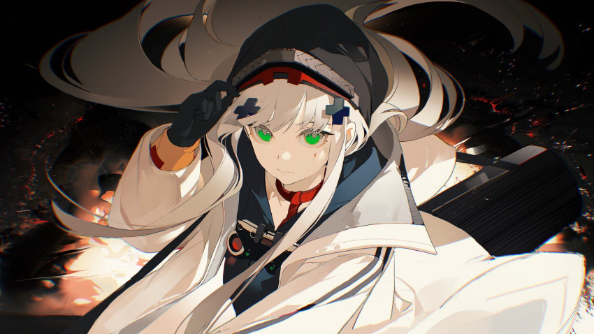 1girl bangs beanie black_gloves black_hoodie chongzhen_085 collarbone commentary_request expressionless facial_mark girls'_frontline_neural_cloud girls_frontline gloves green_eyes hair_ornament hat highres hk416_(girls'_frontline) hood hoodie jacket long_hair looking_at_viewer open_clothes open_jacket solo upper_body white_hair white_jacket
