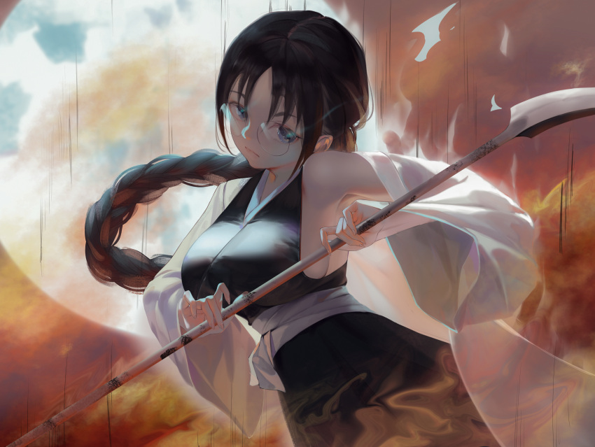 1girl absurdres armpits black_hair bleach braid braided_ponytail breasts closed_mouth detached_sleeves glasses hakama head_tilt highres holding holding_scythe holding_weapon japanese_clothes katori_batsuunsai large_breasts long_hair long_sleeves looking_at_viewer nekobell scythe sideboob solo violet_eyes weapon wide_sleeves