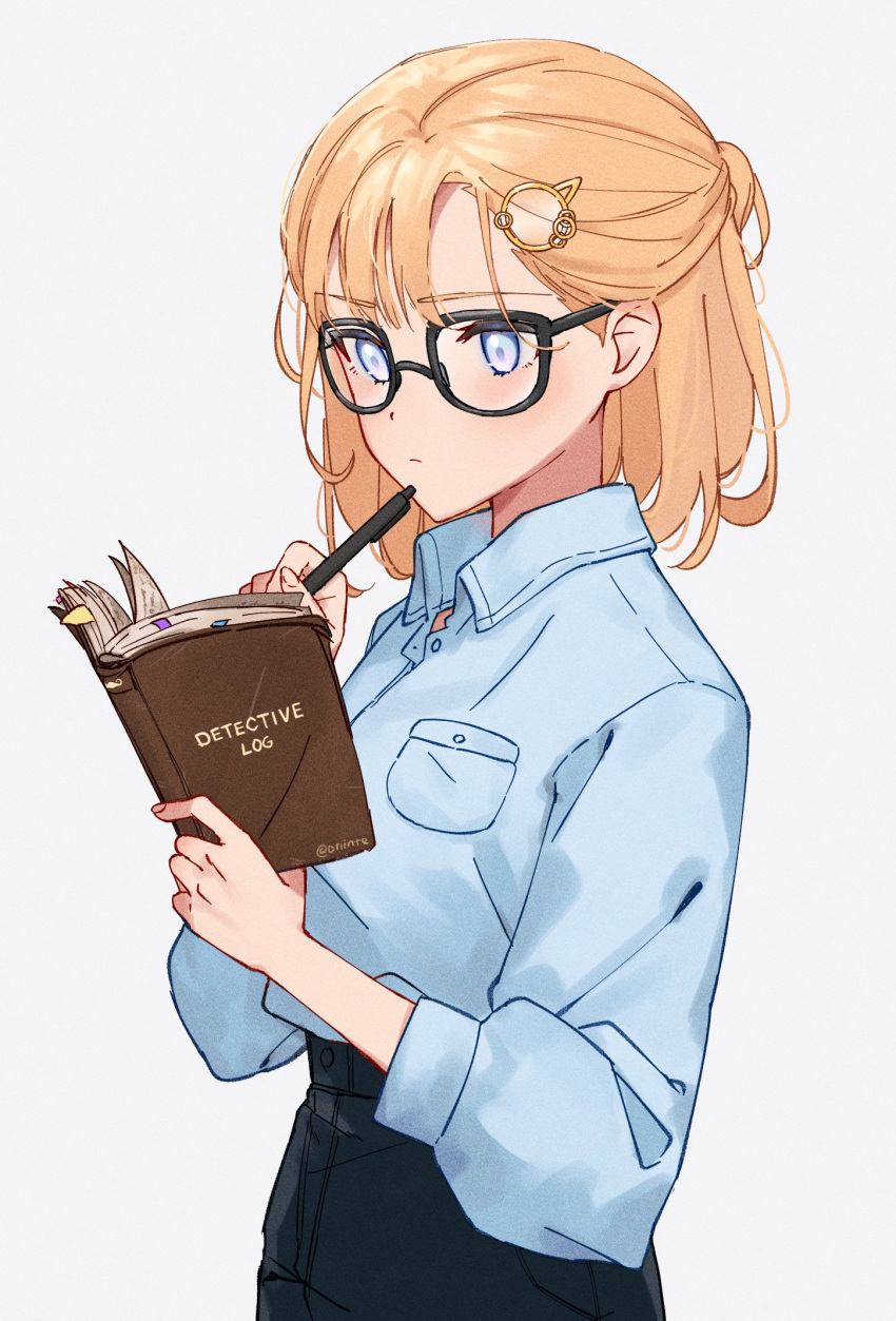 1girl black-framed_eyewear black_pants blonde_hair blue_eyes blue_shirt bookmark commentary english_commentary glasses hair_ornament high-waist_pants highres holding holding_notebook holding_pen hololive hololive_english long_sleeves medium_hair monocle_hair_ornament notebook orinte pants pen shirt shirt_tucked_in solo thinking upper_body virtual_youtuber watson_amelia