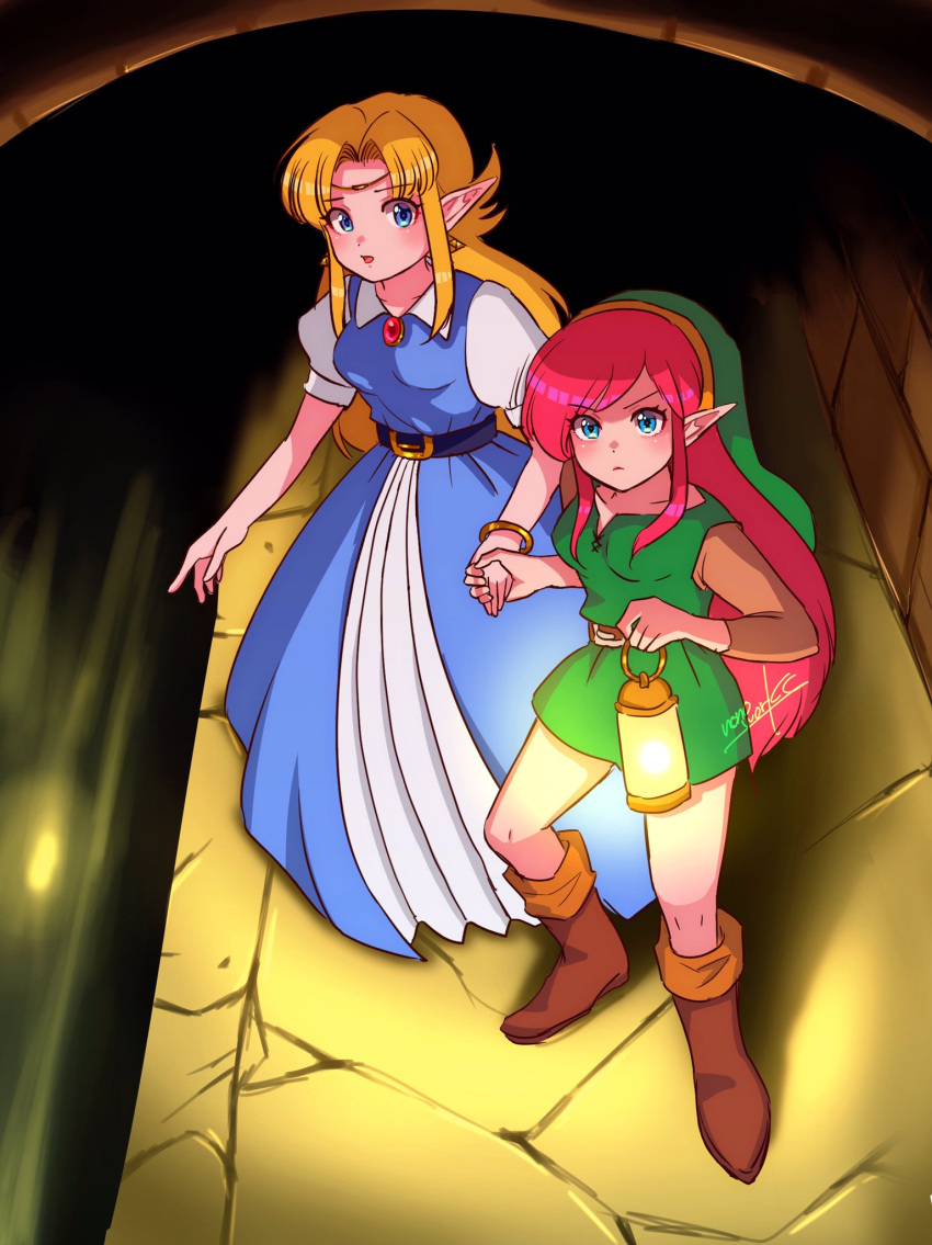 2girls bangs belt blonde_hair blue_eyes boots brown_footwear dress dungeon earrings genderswap genderswap_(mtf) hat highres holding_hands indoors jewelry lantern link link_(shounen_captain) long_hair long_sleeves multiple_girls nonoworks pink_hair pointy_ears princess_zelda sidelocks signature the_legend_of_zelda the_legend_of_zelda:_a_link_to_the_past tunic