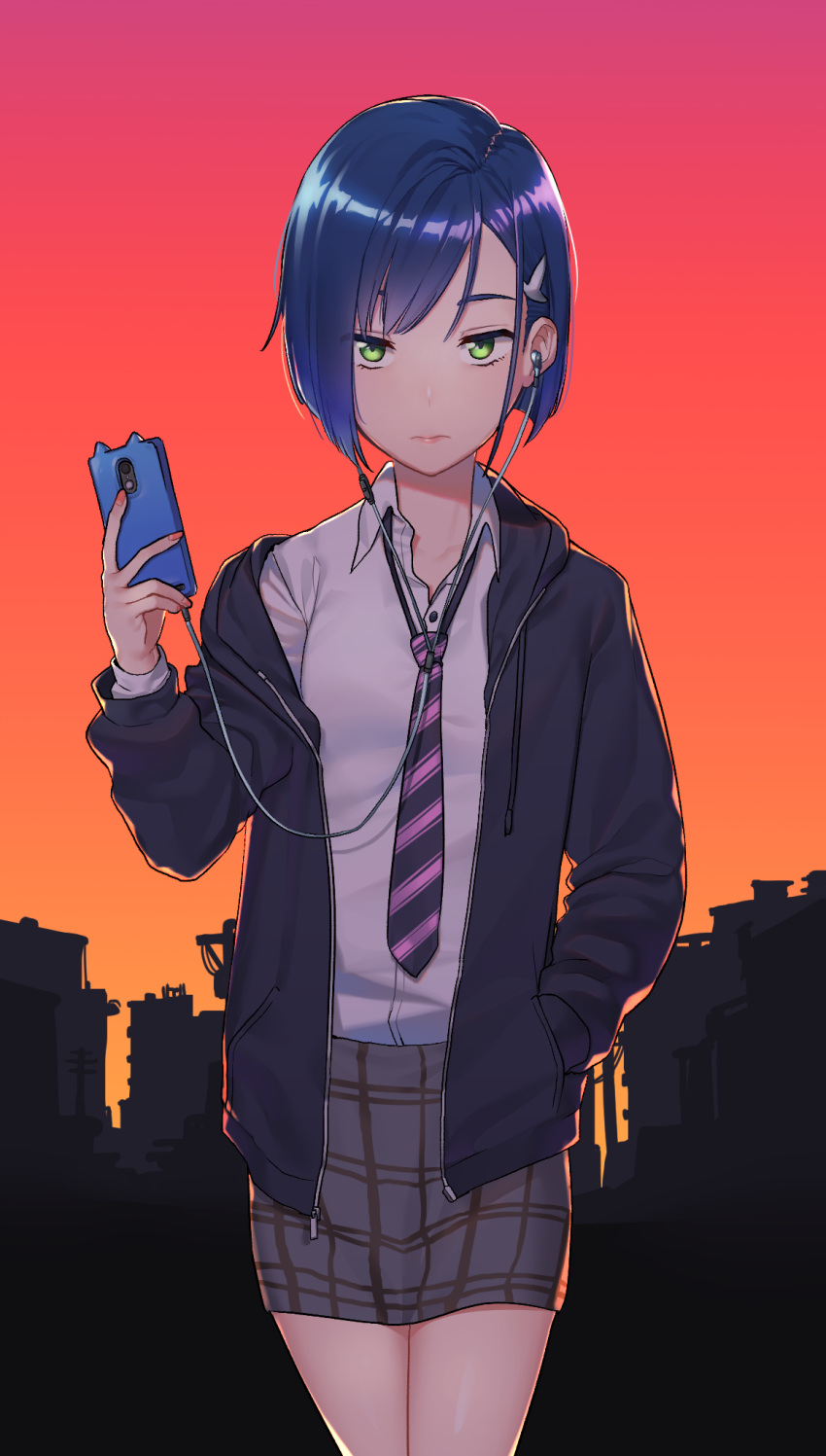 1girl :| backlighting bangs black_background black_hoodie black_necktie blue_hair bob_cut breasts building cellphone cityscape closed_mouth collarbone commentary cowboy_shot darling_in_the_franxx diagonal-striped_necktie diagonal_stripes drawstring dress_shirt earphones earphones expressionless gradient gradient_background green_eyes grey_skirt hair_ornament hairclip hand_in_pocket highres holding holding_phone hood hood_down hoodie ichigo_(darling_in_the_franxx) kam-ja lips nail_polish necktie off_shoulder open_clothes open_hoodie orange_background pencil_skirt phone pink_lips plaid plaid_skirt power_lines purple_necktie red_background red_nails school_uniform shirt short_hair silhouette skirt small_breasts smartphone smartphone_case solo standing striped swept_bangs upturned_eyes utility_pole white_shirt