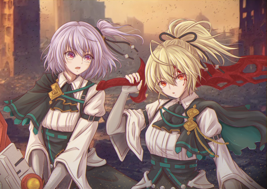 2girls ahoge andou_tazusa arm_at_side arm_belt armor ascot assault_lily bangs belt black_ascot black_belt black_capelet black_ribbon black_skirt blonde_hair blood blood_in_hair blood_on_face blood_on_hands blood_sword blurry blurry_background building capelet collared_shirt commentary_request debris elbow_gloves evening faulds fingerless_gloves floating_hair gloves grey_gloves hair_between_eyes hair_ribbon hand_up high_ponytail highres hitotsuyanagi_riri holding holding_sword holding_weapon long_sleeves looking_at_viewer looking_away multiple_girls official_alternate_costume official_alternate_eye_color official_alternate_hair_color one_side_up over_shoulder parted_lips ponytail purple_hair red_eyes ribbon ruins shirt short_hair skirt sleeves_past_elbows standing sword sword_over_shoulder town two-handed underbust v-shaped_eyebrows violet_eyes weapon weapon_over_shoulder white_shirt wide_sleeves yajiuma_no_jesse