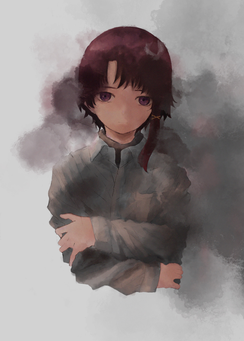 1girl absurdres bangs brown_eyes brown_hair closed_mouth collared_shirt commentary cropped_torso dress_shirt faux_traditional_media hair_ornament highres iwakura_lain long_sleeves looking_at_viewer parted_bangs serial_experiments_lain shirt short_hair single_sidelock solo tanzan turtleneck upper_body watercolor_effect white_shirt x_hair_ornament