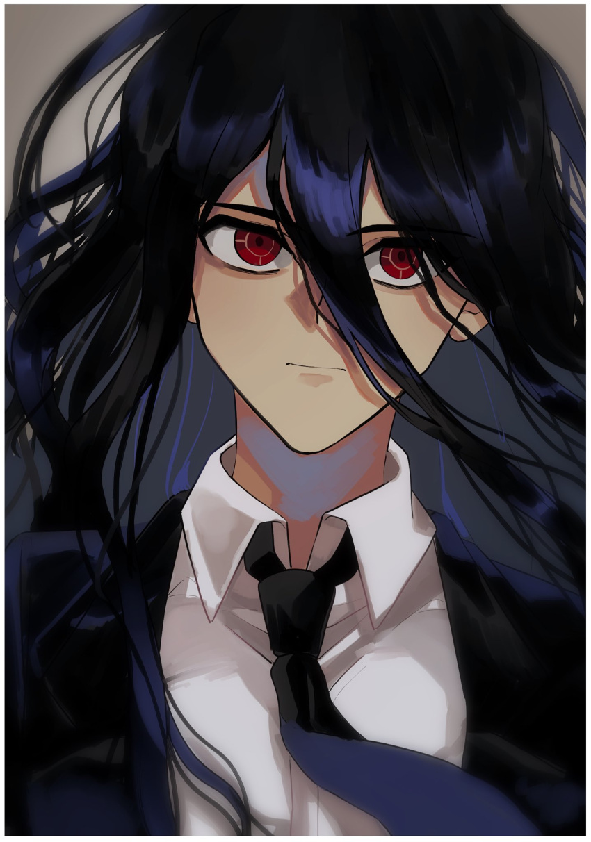 1boy bangs black_hair black_jacket black_necktie border closed_mouth collared_shirt danganronpa_(series) danganronpa_2:_goodbye_despair hair_between_eyes hakumai_(mgmg_okomee) highres jacket kamukura_izuru long_hair necktie portrait red_eyes shiny shiny_hair shirt solo white_border white_shirt