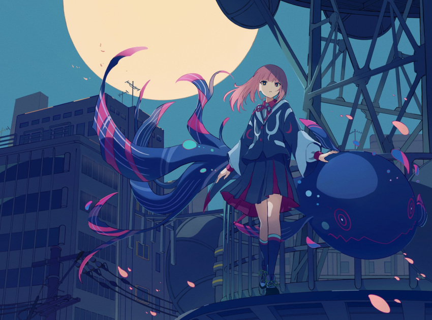 1girl black_skirt blue_eyes blue_footwear blue_jacket blue_sky blue_socks building buttons closed_mouth eyebrows_hidden_by_hair floating_hair full_body hand_on_animal highres jacket kaf_(kamitsubaki_studio) kamitsubaki_studio kneehighs long_hair long_sleeves looking_at_viewer moon moonlight night night_sky on_roof open_hands outdoors pink_hair pink_ribbon pink_skirt ribbon shoes skirt sky sleeves_past_wrists socks solo standing tirudo29 two-sided_fabric two-tone_skirt utility_pole virtual_youtuber wall whale wind window wing_collar yellow_pupils