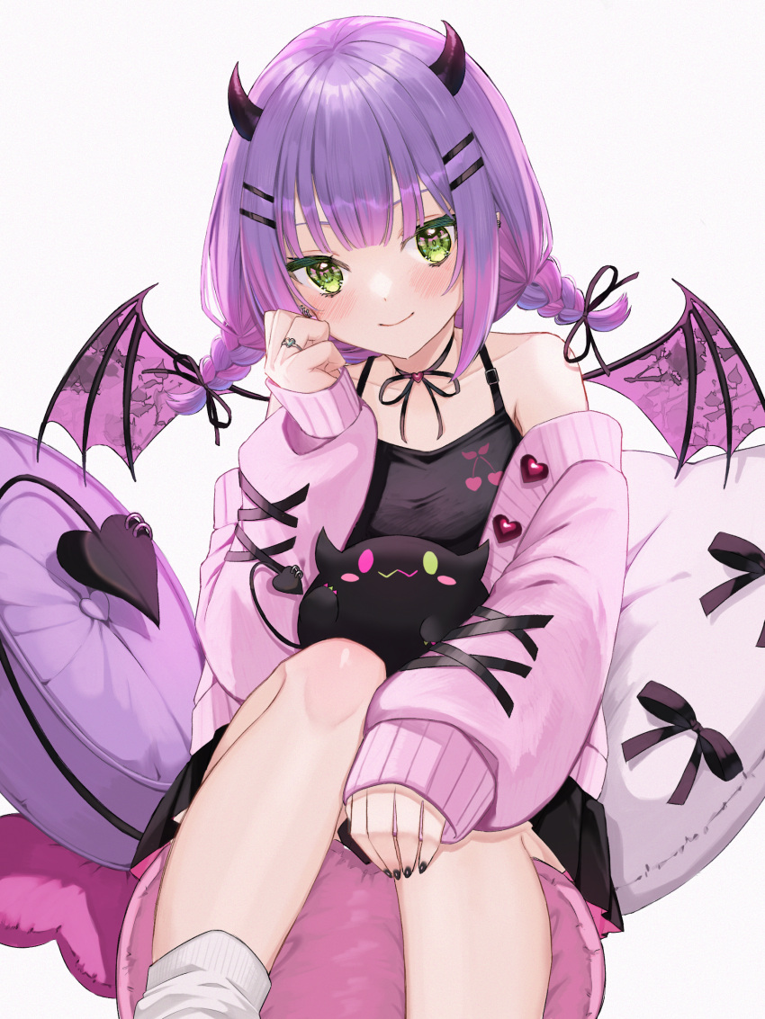 1girl :3 absurdres bangs bare_shoulders bibi_(tokoyami_towa) black_camisole black_nails black_ribbon black_skirt blush braid buttons camisole cardigan choker closed_mouth collarbone commentary_request creature cross-laced_sleeves demon_girl demon_horns demon_tail demon_wings earrings gradient_hair green_eyes hair_ornament hair_ribbon hairclip hand_on_own_leg hand_up heart_button highres hololive hoop_earrings horns jewelry jirai_kei long_sleeves looking_at_viewer low_twin_braids low_twintails multicolored_hair nail_polish off_shoulder open_cardigan open_clothes piercing pillow pink_cardigan pink_hair pointy_ears purple_hair ribbon ribbon_choker ring runlan_0329 shiny shiny_hair sidelocks simple_background sitting skirt sleeves_past_wrists smile solo tail tail_ornament tail_piercing tokoyami_towa twin_braids twintails virtual_youtuber white_background wings