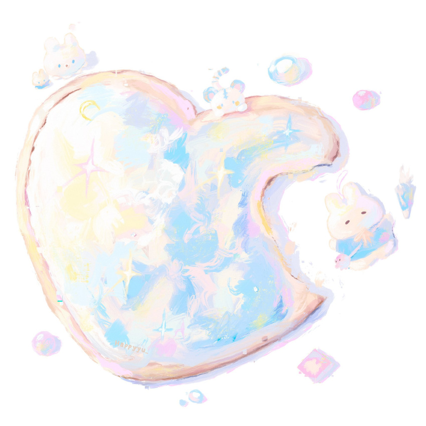 cake food gummy_(happyyu) heart highres lying no_humans original rabbit sparkle white_background