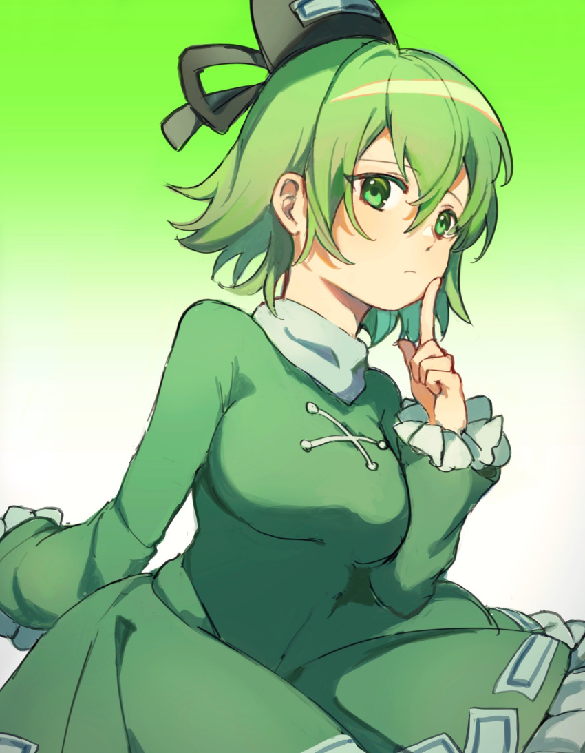 1girl bangs black_headwear breasts closed_mouth dress gradient gradient_background green_dress green_eyes green_hair green_theme hair_between_eyes hat highres long_sleeves medium_breasts short_hair simple_background soga_no_tojiko solo sweetpotatojelly tate_eboshi touhou