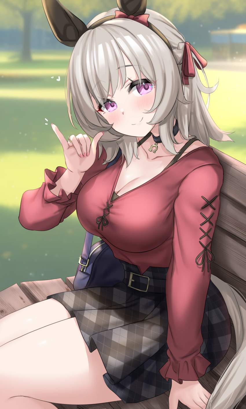 1girl aged_up animal_ears bag bench blurry blurry_background blush breasts casual collar collarbone commentary_request curren_chan_(umamusume) grey_hair handbag highres horse_ears horse_tail kibihimi large_breasts looking_at_viewer pinky_out sitting smile solo tail umamusume violet_eyes