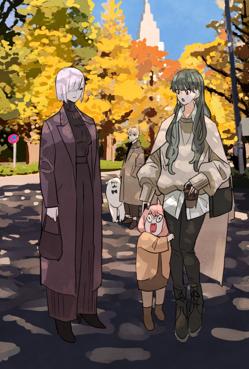1boy 3girls ahoge anya_(spy_x_family) autumn_leaves black_bag black_bow black_bowtie black_coat black_footwear black_hair black_pants blonde_hair bob_cut bond_(spy_x_family) bow bowtie breasts brown_coat brown_dress brown_footwear coat cup dog dress female_child fiona_frost full_body grey_hair grey_sweater hair_over_one_eye hand_on_another's_head highres holding holding_cup long_coat long_hair long_sleeves looking_at_another medium_breasts medium_hair multiple_girls open_mouth outdoors pants park pink_hair red_eyes short_hair sleeves_past_wrists spy_x_family sweater takeuchi_ryousuke turtleneck twilight_(spy_x_family) wide-eyed yellow_coat yor_briar