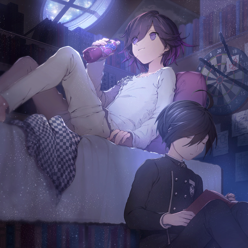 2boys ahoge bed black_hair book bottomless checkered_clothes checkered_scarf closed_eyes danganronpa_(series) danganronpa_v3:_killing_harmony dartboard gpnet highres knife light_smile moonlight multiple_boys night ouma_kokichi pants purple_hair reading saihara_shuuichi scarf short_hair sky smile soda_bottle star_(sky) starry_sky throwing_knife uniform violet_eyes weapon window