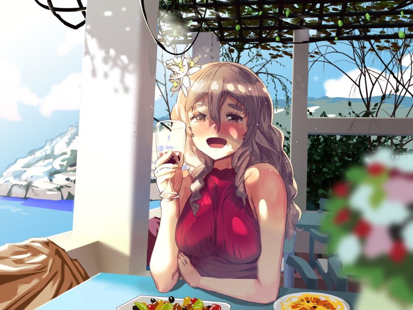 1girl blue_sky breasts chair cliff clouds cup day drinking_glass flower food grey_eyes grey_hair hair_between_eyes hair_flower hair_ornament highres holding holding_cup igarasy kantai_collection medium_breasts ocean outdoors plate pola_(kancolle) shirt sitting sky sleeveless sleeveless_shirt solo table thick_eyebrows wavy_hair white_flower wine_glass