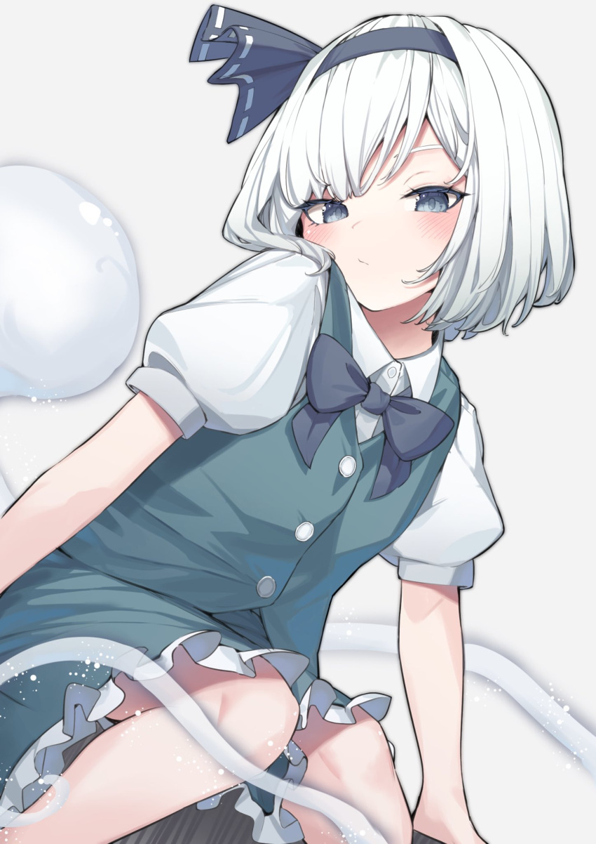 1girl black_hairband black_ribbon blue_eyes blush buttons closed_mouth collared_shirt feet_out_of_frame frilled_skirt frills garasuno green_skirt green_vest hair_ribbon hairband highres hitodama konpaku_youmu konpaku_youmu_(ghost) puffy_short_sleeves puffy_sleeves ribbon shirt short_hair short_sleeves simple_background skirt solo touhou vest white_background white_hair white_shirt