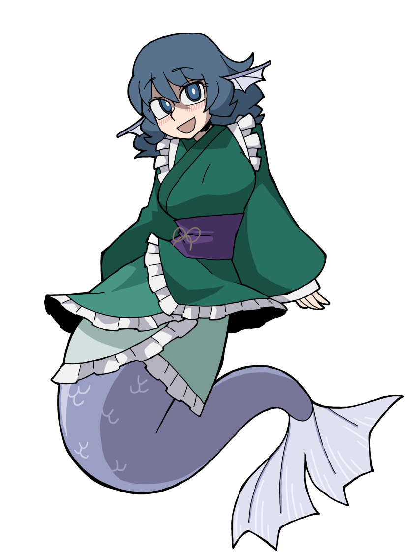 1girl :d absurdres blue_eyes blue_hair eddybird55555 english_commentary frilled_kimono frills full_body green_kimono head_fins highres japanese_clothes kimono long_sleeves looking_at_viewer mermaid monster_girl open_mouth panties parody sash simple_background smile solo style_parody touhou underwear vanripper_(style) wakasagihime white_background white_panties wide_sleeves