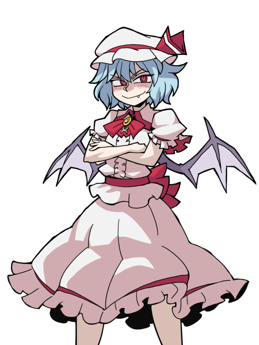 1girl bat_wings blue_hair closed_mouth crossed_arms eddybird55555 english_commentary fang hat hat_ribbon highres mob_cap parody red_eyes red_ribbon remilia_scarlet ribbon ringed_eyes shirt short_hair short_sleeves simple_background skirt smile solo standing style_parody touhou vanripper_(style) white_background white_headwear white_shirt white_skirt wings