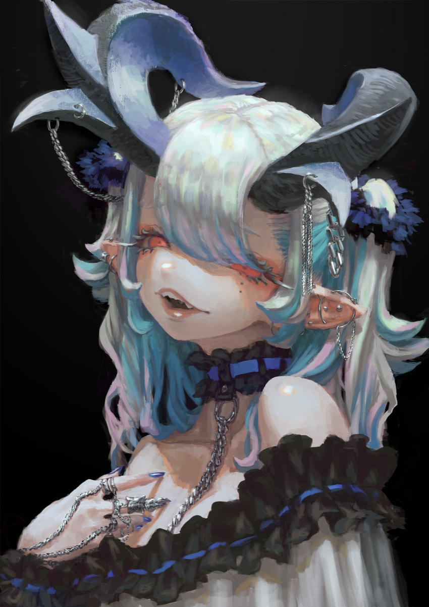 1girl bare_shoulders black_background blue_hair blue_nails chain choker curled_horns dress ear_piercing fingernails frilled_choker frilled_dress frills hair_between_eyes hair_ornament hair_scrunchie highres horn_piercing horns jewelry jon_taira long_fingernails long_hair looking_at_viewer mole mole_under_eye multicolored_hair nail_polish off-shoulder_dress off_shoulder open_mouth original piercing pointy_ears red_eyes ring scrunchie smile solo streaked_hair two-tone_hair two_side_up upper_body white_hair
