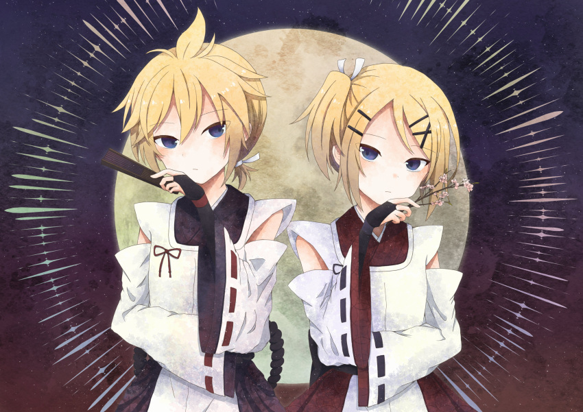 1boy 1girl absurdres alternate_costume blonde_hair blue_eyes brother_and_sister detached_sleeves fingerless_gloves flower folded_fan folding_fan full_moon gloves hair_between_eyes hand_fan highres holding holding_fan holding_flower indigo_(module) japanese_clothes kagamine_len kagamine_rin lunashimodori medium_hair moon raspberry_(module) red_ribbon ribbon ribbon-trimmed_sleeves ribbon_trim siblings upper_body vocaloid