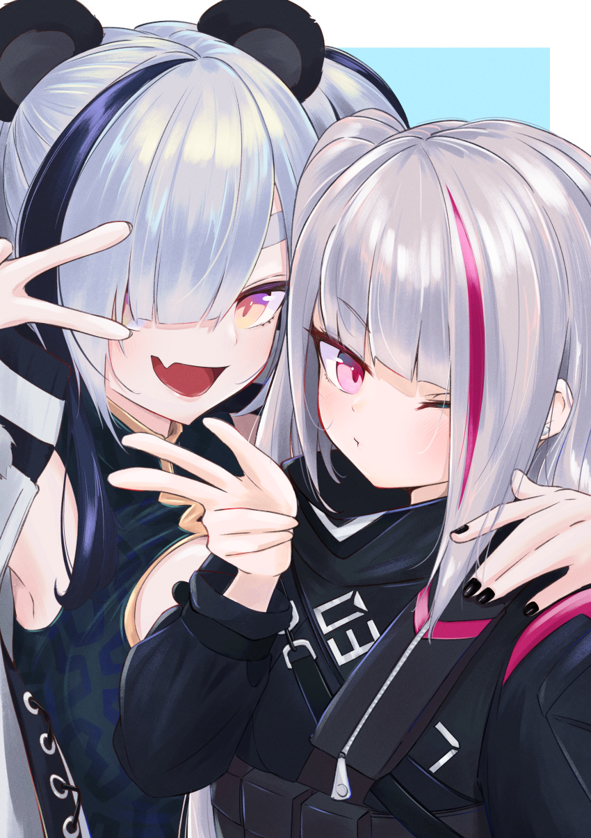 2girls absurdres animal_ears arknights bangs black_hair black_jacket black_nails blowing_kiss blue_background china_dress chinese_clothes cleavage_cutout clothing_cutout commentary_request creator_connection crossover dress fang feater_(arknights) girls_frontline grey_hair hair_over_one_eye hand_on_another's_shoulder highres jacket long_hair looking_at_viewer mdr_(girls'_frontline) multicolored_hair multiple_girls nail_polish ohichi16 one_eye_closed open_mouth panda_ears pink_eyes pink_hair simple_background skin_fang smile streaked_hair two-tone_hair v