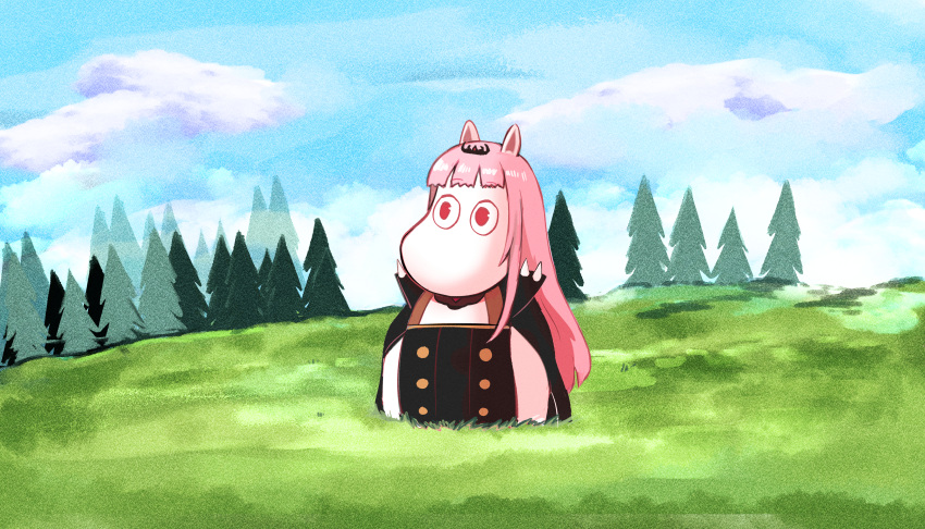 absurdres black_cape cape clouds cloudy_sky highres hololive hololive_english long_hair minchi_(anda) moomin mori_calliope muppo pink_hair red_eyes shoulder_spikes sky solid_circle_pupils spikes straight_hair tiara tree virtual_youtuber