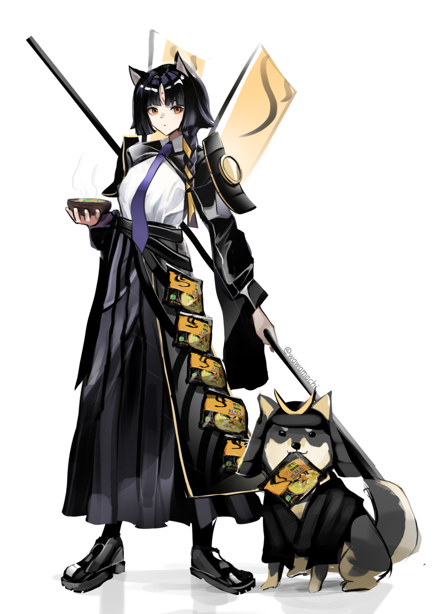 1girl 1other absurdres alternate_costume animal_ears arknights armor bowl dog dog_ears dog_girl food food_in_mouth helmet highres holding holding_bowl instant_ramen japanese_armor kabuto_(helmet) necktie noodles ramen saga_(arknights) samurai shiba_inu shoes sneakers steam wawamachi_(wawamachis)