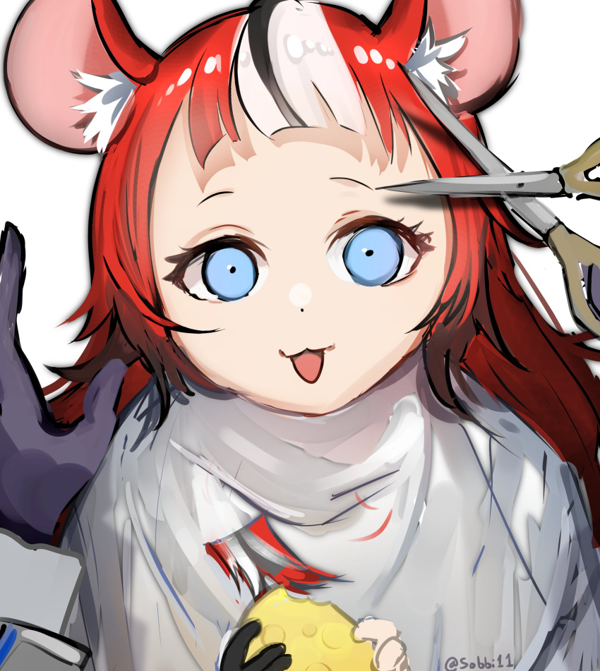 2girls :3 absurdres animal_ear_fluff animal_ears bangs black_gloves black_hair blunt_bangs cape cheese cutting_hair food gloves hakos_baelz highres holding holding_food hololive hololive_english looking_at_viewer mouse_ears mouse_girl multicolored_hair multiple_girls open_mouth ouro_kronii redhead scissors sobbi11 streaked_hair virtual_youtuber white_hair