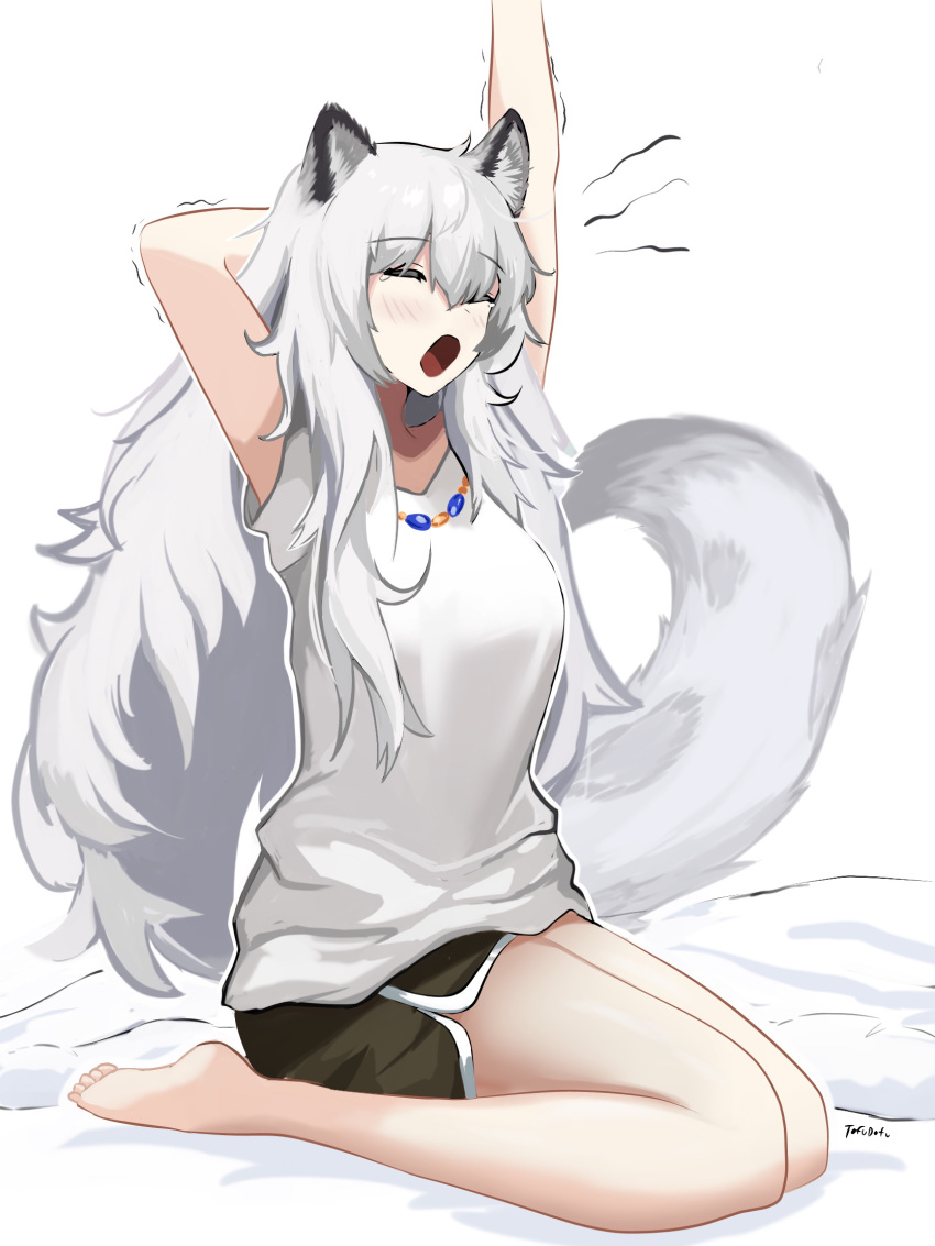 1girl animal_ears arknights barefoot blush breasts highres jewelry leopard_ears leopard_girl leopard_tail long_hair necklace open_mouth pramanix_(arknights) seiza shirt simple_background sitting small_breasts solo stretching t-shirt tail tofudofu very_long_hair white_background white_shirt yawning