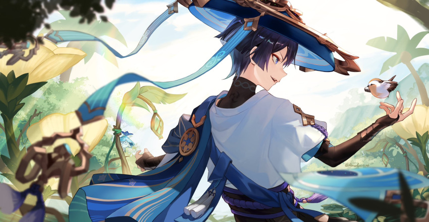 1boy amedan aranara_(genshin_impact) ararycan_(genshin_impact) artist_name bangs bird black_hair black_shirt blue_cape blue_headwear blue_ribbon blunt_ends branch bridal_gauntlets bush cape clouds commentary day eyeshadow facing_away flower genshin_impact gold_trim hand_up hat highres jacket japanese_clothes jingasa leaf makeup male_focus mountain obi open_mouth outdoors palm_tree parted_bangs profile purple_sash red_eyeshadow ribbon sash scaramouche_(genshin_impact) shirt short_hair short_sleeves sky smile solo standing sunlight symbol-only_commentary tassel tree twitter_username upper_body v-shaped_eyebrows violet_eyes wanderer_(genshin_impact) white_jacket wide_sleeves yellow_flower
