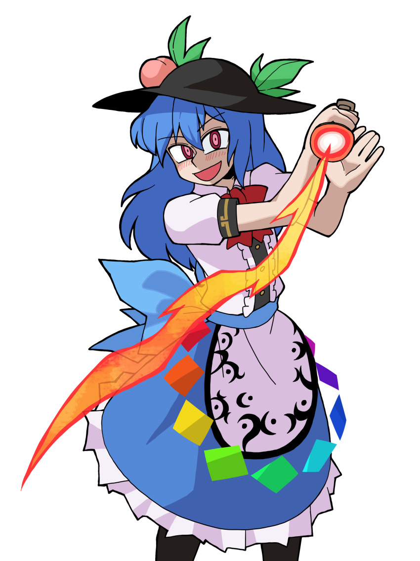1girl :d absurdres black_headwear blue_hair blue_skirt center_frills eddybird55555 english_commentary food frills fruit highres hinanawi_tenshi holding holding_sword holding_weapon leaf long_hair looking_at_viewer open_mouth parody peach rainbow_order red_eyes ringed_eyes shirt short_sleeves simple_background skirt smile solo style_parody sword sword_of_hisou touhou vanripper_(style) weapon white_background white_shirt