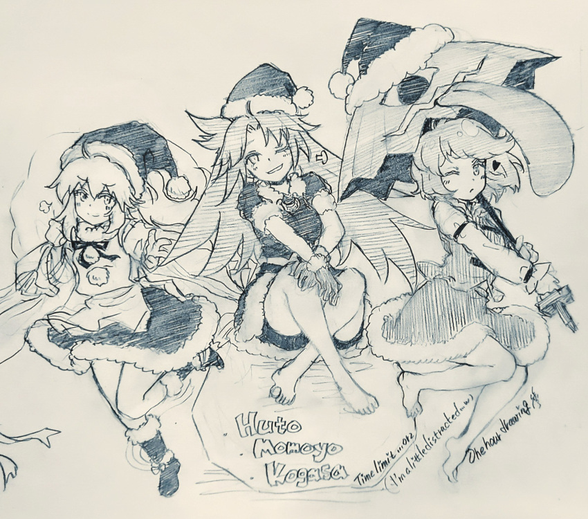 3girls ;d barefoot boots carbohydrate_(asta4282) crossed_legs fur_trim hat heart highres himemushi_momoyo holding holding_sack holding_umbrella japanese_clothes karakasa_obake kariginu long_hair long_sleeves looking_at_viewer monochrome mononobe_no_futo multiple_girls one-hour_drawing_challenge one_eye_closed pom_pom_(clothes) sack santa_boots santa_hat shirt short_hair sitting sketch skirt smile tatara_kogasa tongue touhou traditional_media typo umbrella vest