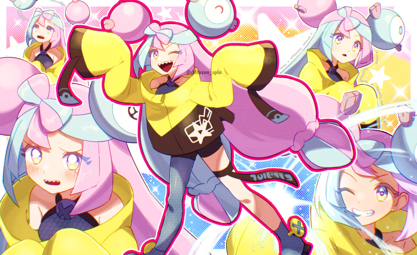 1girl ;d bangs black_shorts blush boots chitozen_(pri_zen) commentary_request grey_footwear grey_pantyhose grey_shirt grin highres iono_(pokemon) jacket long_hair multicolored_hair multiple_views one_eye_closed open_mouth pantyhose pokemon pokemon_(game) pokemon_sv revision sharp_teeth shirt shorts single_leg_pantyhose sleeveless sleeveless_shirt smile star_(symbol) tearing_up teeth thigh_strap tongue trembling twintails twitter_username two-tone_hair upper_teeth watermark yellow_jacket