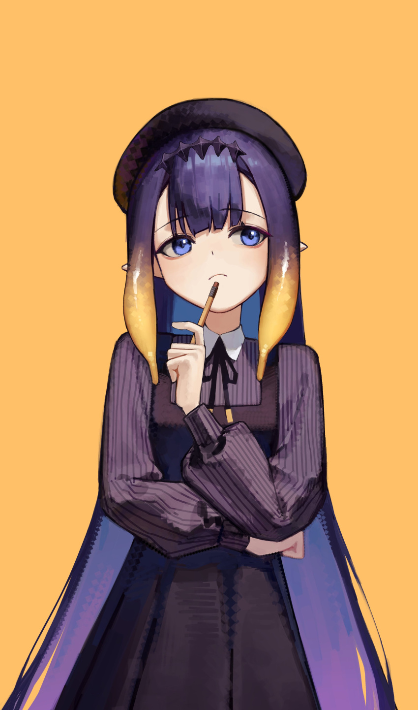 1girl absurdres beret black_dress black_headwear black_ribbon blue_eyes dress frown hat highres holding holding_pencil hololive hololive_english long_hair long_sleeves neck_ribbon ninomae_ina'nis pencil pinafore_dress purple_hair purple_sweater ribbed_sweater ribbon simple_background solo sweater thinking virtual_youtuber yellow_background yoon_cook