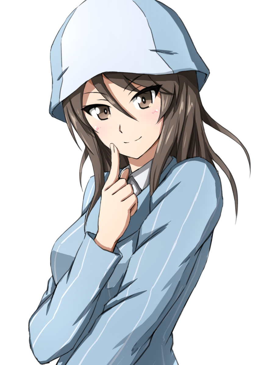 1girl absurdres bangs blue_headwear blue_shirt brown_eyes brown_hair closed_mouth commentary dress_shirt finger_to_cheek girls_und_panzer hair_between_eyes hat highres index_finger_raised keizoku_school_uniform long_hair long_sleeves looking_at_viewer mika_(girls_und_panzer) omachi_(slabco) school_uniform shirt simple_background smile solo striped striped_shirt tulip_hat upper_body vertical-striped_shirt vertical_stripes white_background white_shirt wing_collar