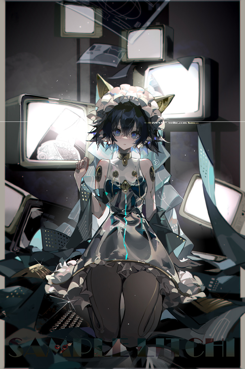 1girl absurdres animal_ears black_hair blue_eyes cat_ears dress dropping frilled_dress frilled_hairband frills glint hairband highres humanoid_robot kneeling light_particles looking_at_viewer original robot robot_girl short_hair solo sparkle taiz22 television