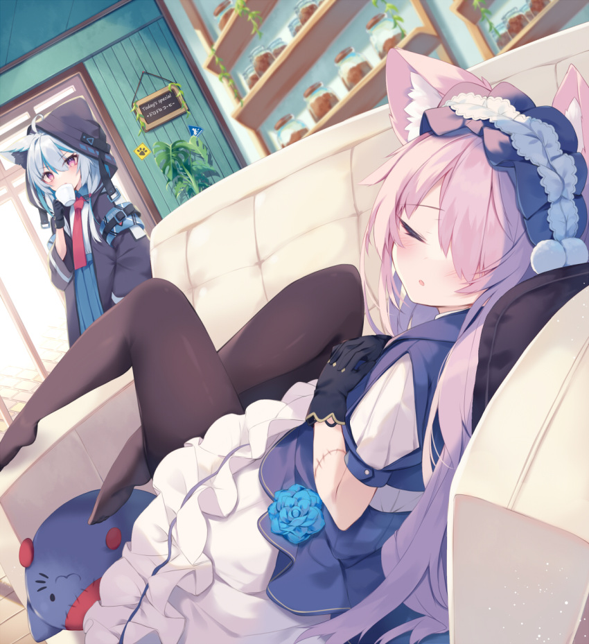 2girls ahoge animal_ear_fluff animal_ears bangs black_gloves black_jacket black_pantyhose blue_flower blue_hair blue_rose blue_skirt blush closed_mouth collared_shirt commentary_request couch cup dress flower gloves grey_hair hair_between_eyes hair_over_one_eye highres holding holding_cup hood hood_up hooded_jacket indoors jacket long_hair lying multicolored_hair multiple_girls necktie nibiiro_shizuka on_back on_couch open_clothes open_jacket original own_hands_together pantyhose parted_lips pink_hair plant pleated_skirt puffy_short_sleeves puffy_sleeves red_necktie rose shirt short_sleeves sign skirt streaked_hair very_long_hair violet_eyes white_dress white_shirt