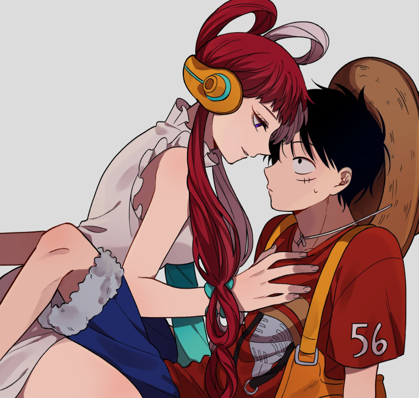 1boy 1girl alternate_costume bag black_eyes black_hair commentary_request hat headphones highres long_hair looking_at_another monkey_d._luffy multicolored_hair nai0524 on_ground one_piece redhead scar scar_on_face short_hair sweatdrop uta_(one_piece) violet_eyes white_hair