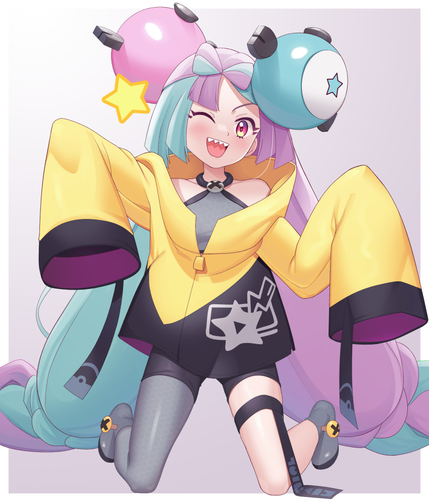 1girl :d bangs bike_shorts boots border bow-shaped_hair character_hair_ornament commentary eyelashes full_body gazing_eye green_hair grey_background grey_footwear grey_pantyhose grey_shirt hair_ornament highres iono_(pokemon) jacket kneeling long_hair looking_at_viewer multicolored_hair open_mouth pantyhose pokemon pokemon_(game) pokemon_sv purple_hair sharp_teeth shirt single_leg_pantyhose sleeveless sleeveless_shirt sleeves_past_fingers sleeves_past_wrists smile solo star_(symbol) star_print teeth thigh_strap twintails two-tone_hair upper_teeth very_long_hair white_border yellow_jacket