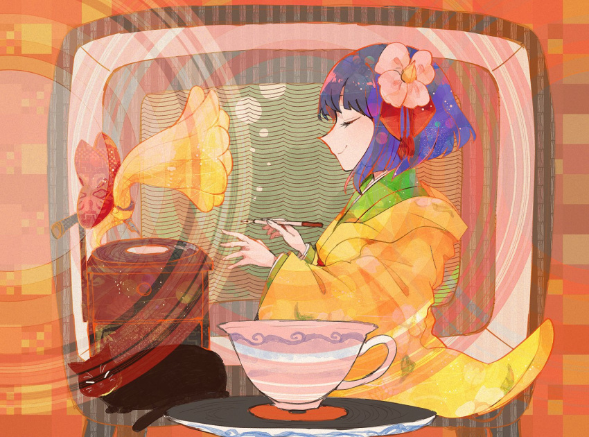 1girl akyuu's_untouched_score black_cat bob_cut bow cat closed_eyes closed_mouth commentary_request cup flower green_kimono hair_flower hair_ornament happy hieda_no_akyuu holding holding_pen itomugi-kun japanese_clothes kimono long_sleeves nib_pen_(object) pen phonograph purple_hair record red_bow short_hair smile solo teacup touhou white_flower wide_sleeves yellow_kimono