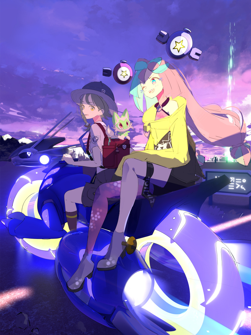 2girls absurdres backpack bag bangs black_sclera blue_hair bow-shaped_hair braid brown_eyes brown_hair character_hair_ornament claws closed_mouth collared_shirt colored_sclera grey_footwear gurumaruhana hair_ornament hat hexagon_print highres iono_(pokemon) jacket juliana_(pokemon) long_hair low-tied_long_hair miraidon multicolored_hair multiple_girls naranja_academy_uniform necktie open_mouth outdoors oversized_clothes pink_eyes pink_hair pokemon pokemon_(creature) pokemon_(game) pokemon_sv riding sharp_teeth shirt short_sleeves single_braid single_leg_pantyhose sky sleeveless sleeveless_shirt sleeves_past_fingers sleeves_past_wrists smile sprigatito teeth twintails two-tone_hair very_long_hair yellow_jacket