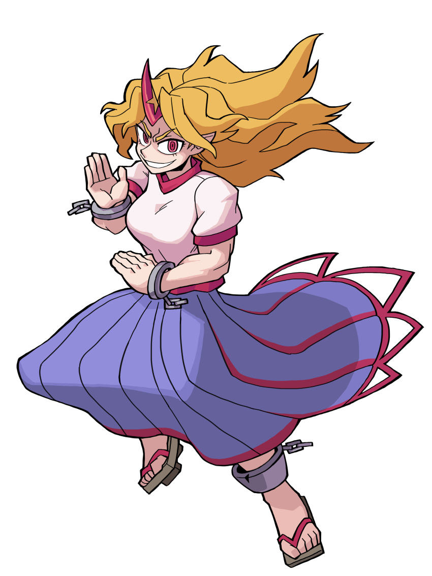 1girl :d absurdres blonde_hair blue_skirt breasts brown_footwear cuffs eddybird55555 english_commentary full_body geta highres horns hoshiguma_yuugi large_breasts long_hair long_skirt looking_at_viewer oni_horns open_mouth parody pointy_ears red_eyes red_horns ringed_eyes shackles shirt simple_background single_horn skirt smile solo star_(symbol) style_parody touhou vanripper_(style) white_background white_shirt