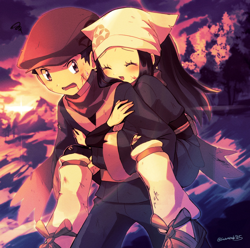 1boy 1girl :d akari_(pokemon) blue_kimono blue_pants bruise bruise_on_face carrying closed_eyes hat highres injury japanese_clothes kimono open_mouth outdoors pants piggyback pokemon pokemon_(game) pokemon_legends:_arceus red_headwear red_scarf rei_(pokemon) sawarabi_(sawarabi725) scarf signature smile standing sweatdrop white_headwear