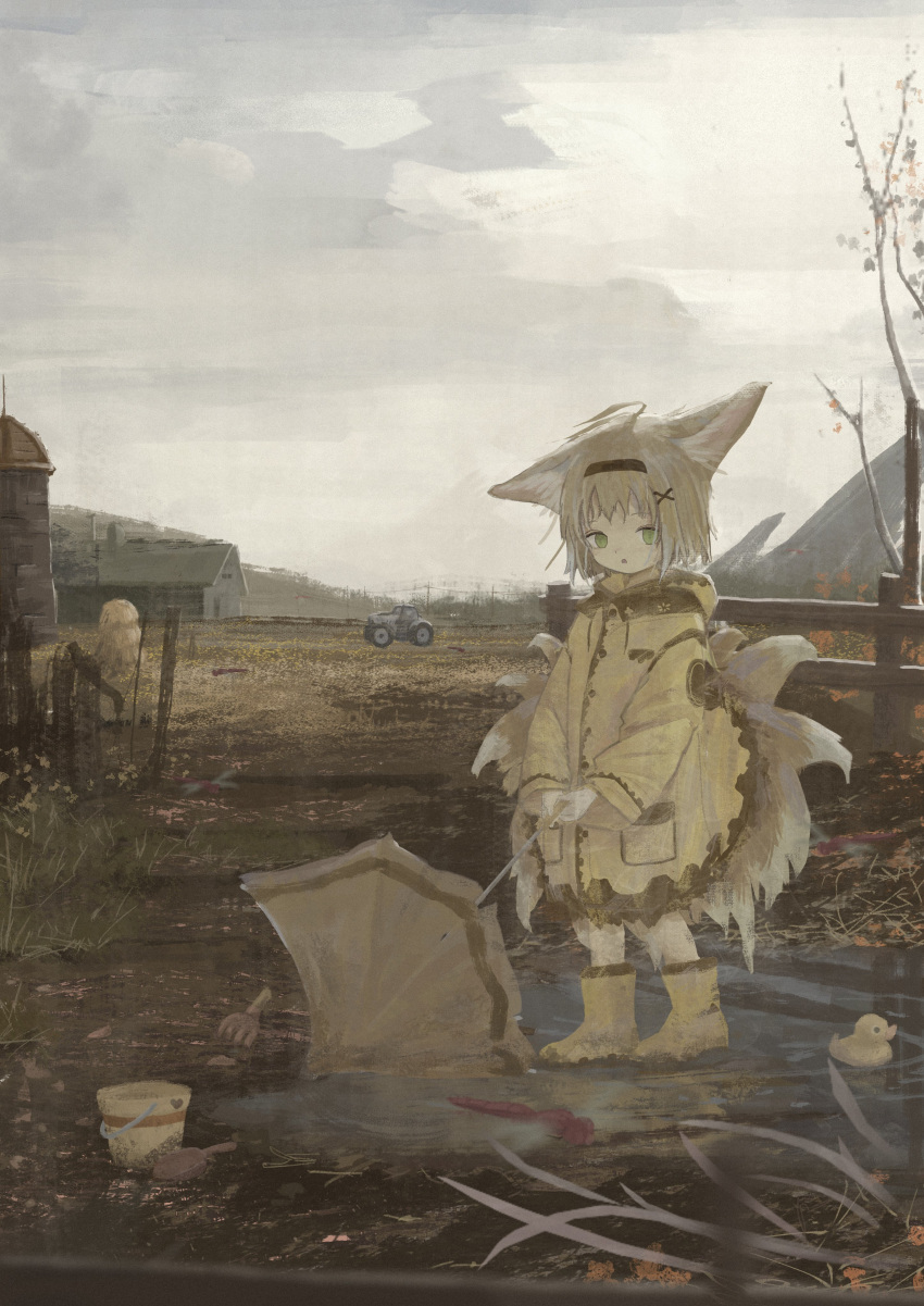 1girl absurdres animal_ears arknights bangs barn black_hairband blonde_hair boots bucket cross_hair_ornament farm female_child field fox_ears fox_girl green_eyes hair_ornament hairband hay highres holding holding_umbrella hood hood_down horizon kitsune kyuubi long_sleeves looking_at_viewer mani_tamlyn multiple_tails open_mouth originium_(arknights) outdoors overcast puddle rubber_boots rubber_duck scenery short_hair solo standing suzuran_(arknights) tail tractor trowel umbrella yellow_raincoat yellow_umbrella